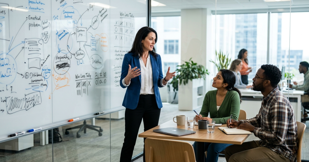 Proposal manager leading a debrief meeting in front of a whiteboard with notes