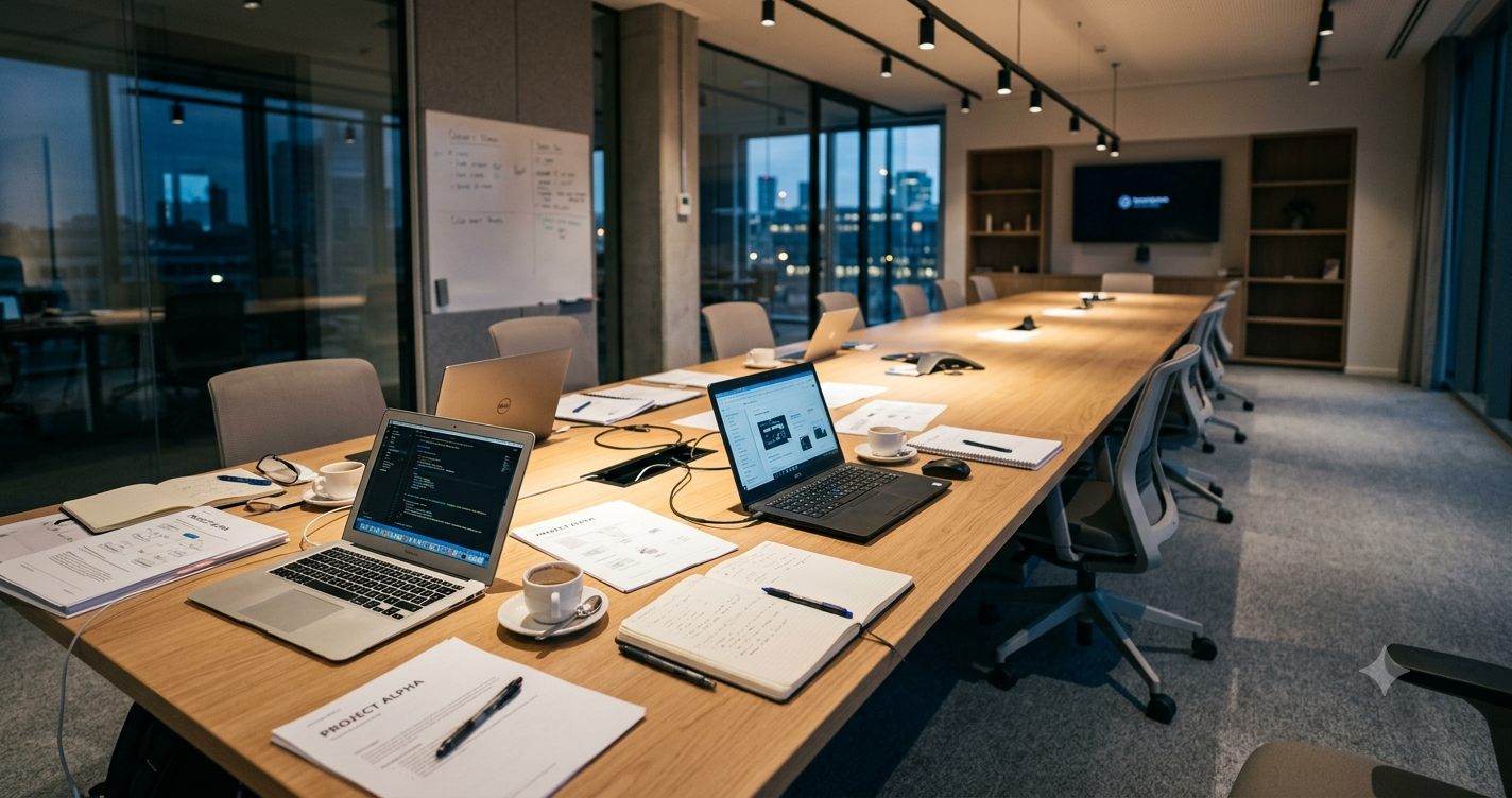 Empty conference table with open laptops and printed documents under warm office lighting