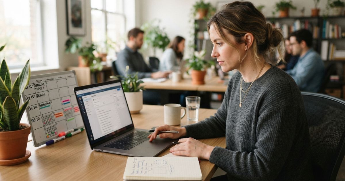 Person reviewing assigned questions and a deadline tracker at a desk