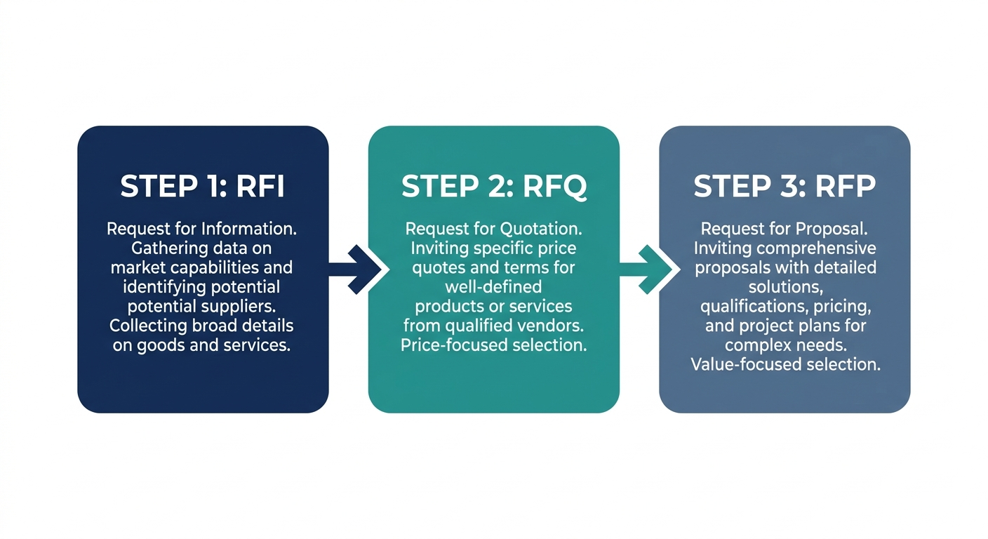 Procurement sequence diagram showing RFI, RFQ, and RFP as three steps in order from market research to final proposal