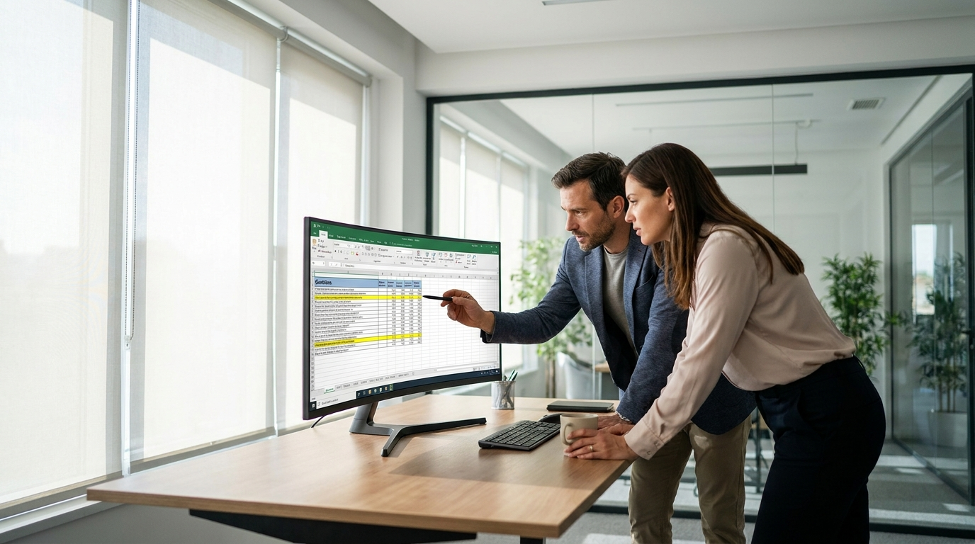 Vendor team reviewing a security questionnaire spreadsheet on a shared monitor