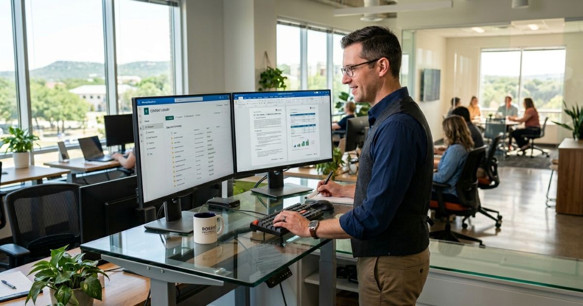 Proposal professional reviewing a content library and completed RFP on two monitors at a standing desk