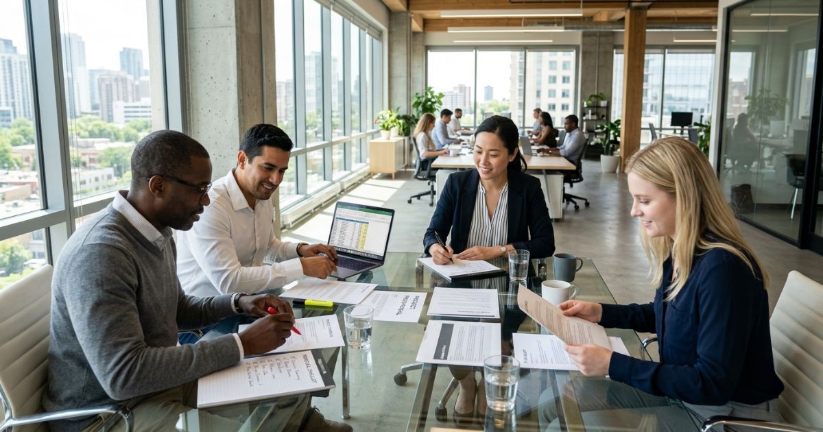 Proposal team reviewing RFP documents at a conference table with a checklist notepad and laptop