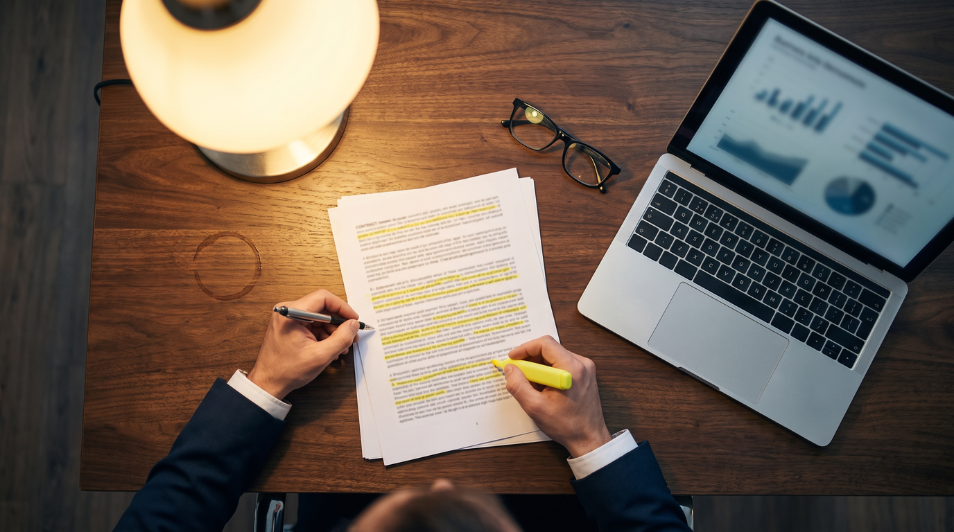 Hands marking up clauses on a printed partnership contract with a pen and highlighter
