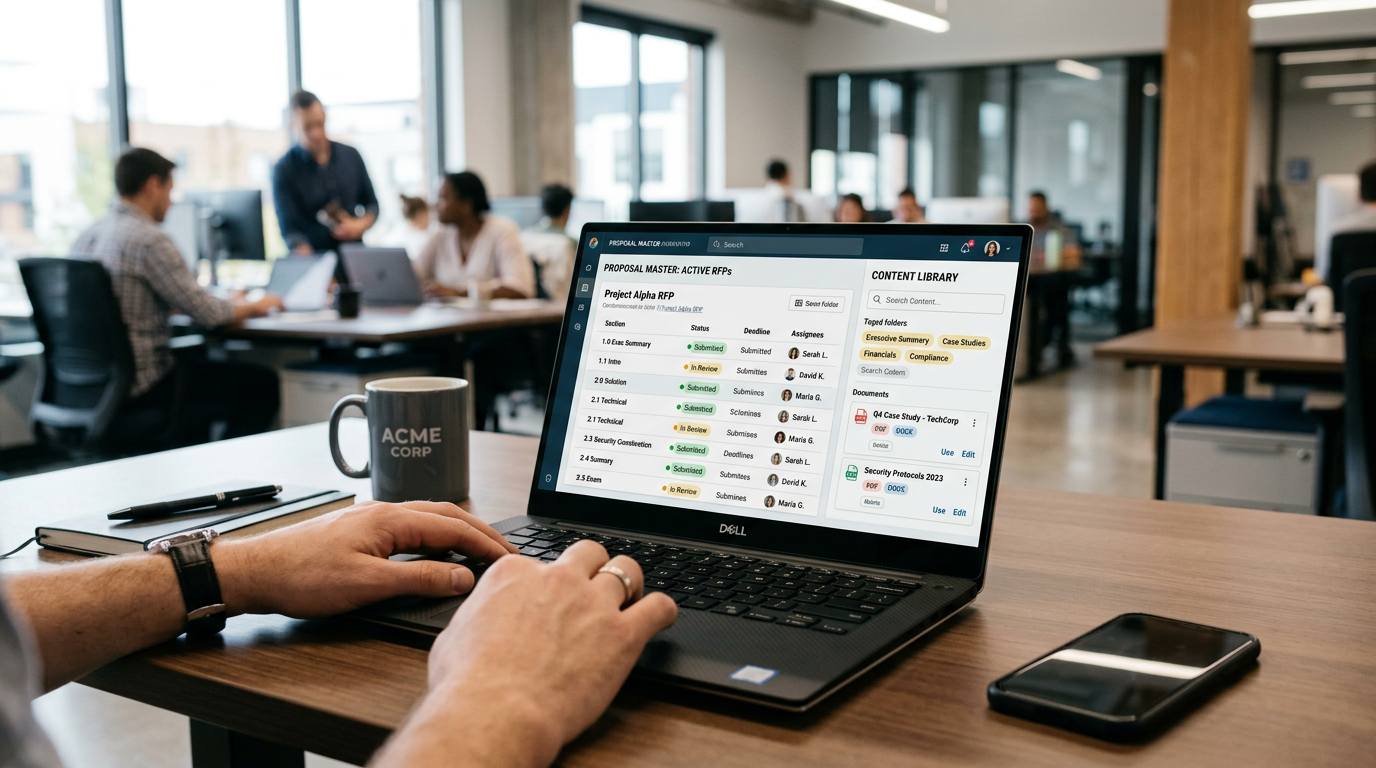 Laptop showing a proposal management dashboard with content library and section status
