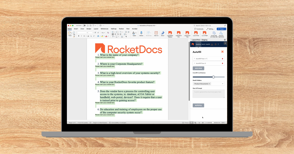 Laptop showing RocketDocs document search interface with Autofill capabilities directly in Word and Excel