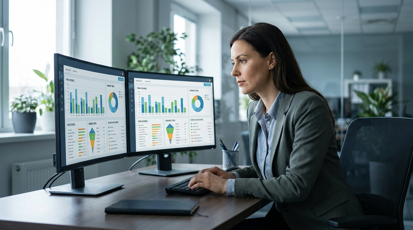 Security analyst reviewing a vendor risk dashboard with risk scores on two monitors