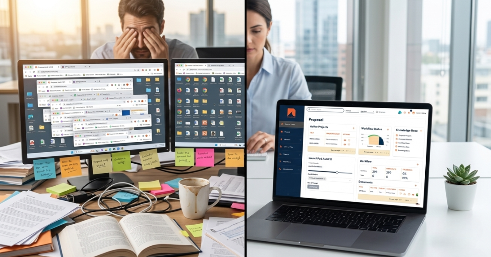 Split view of a disorganized paper-based proposal process next to a clean digital RFP management dashboard