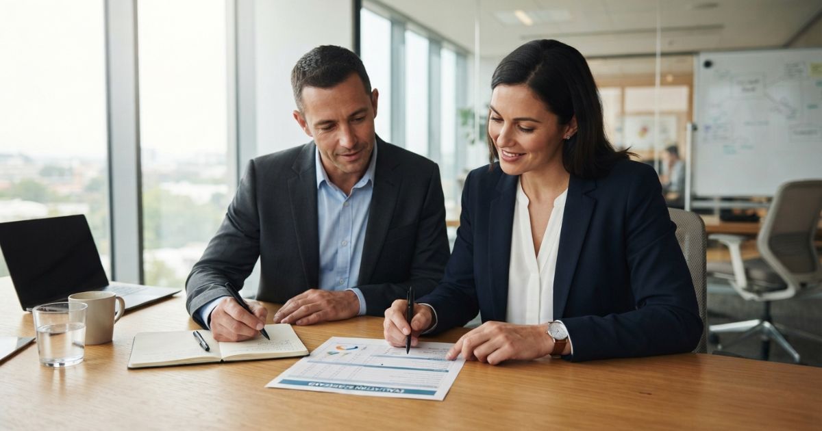 Two colleagues reviewing a printed evaluation scorecard at a table