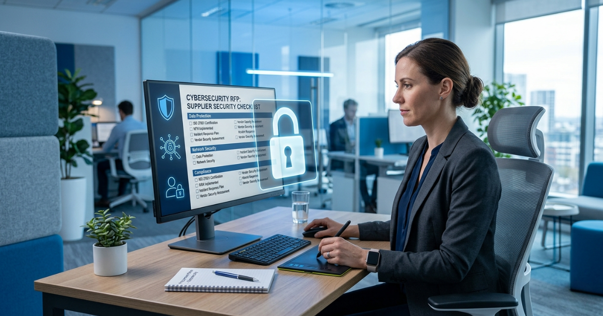Procurement professional reviewing a cybersecurity RFP supplier security checklist on a monitor in a modern open office