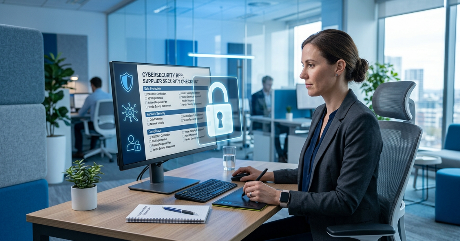 Procurement professional reviewing a cybersecurity RFP supplier security checklist on a monitor in a modern open office