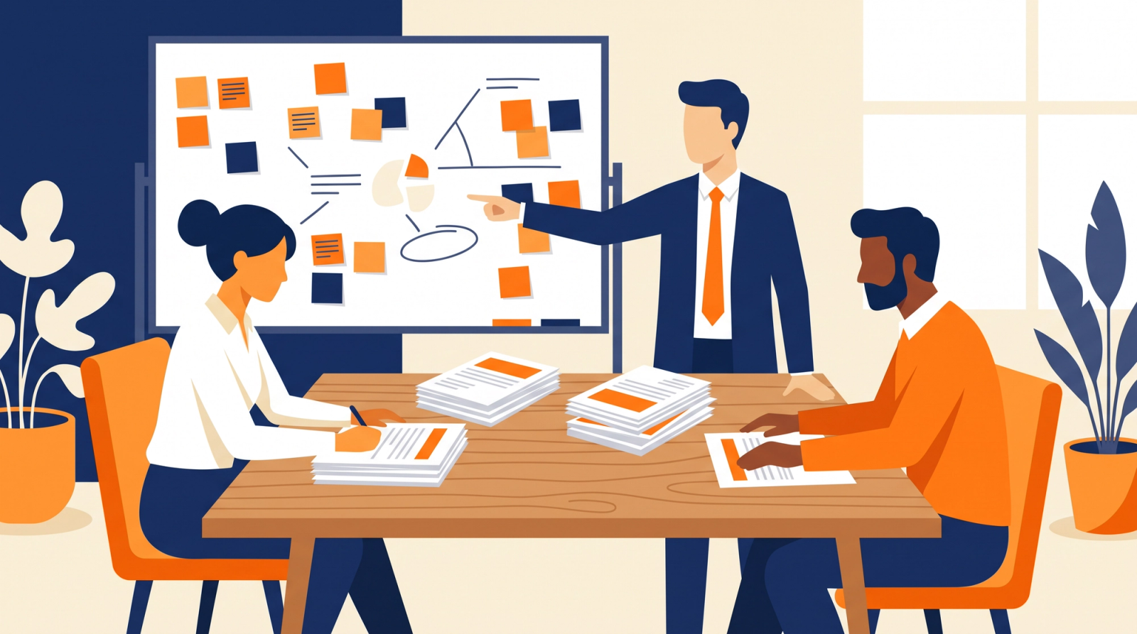 Small team around a table reviewing printed proposal pages and sticky notes after a bid decision