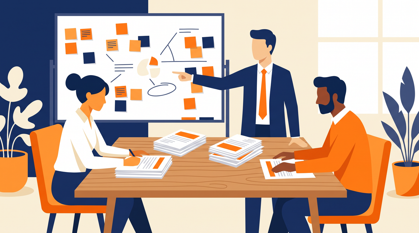 Small team around a table reviewing printed proposal pages and sticky notes after a bid decision