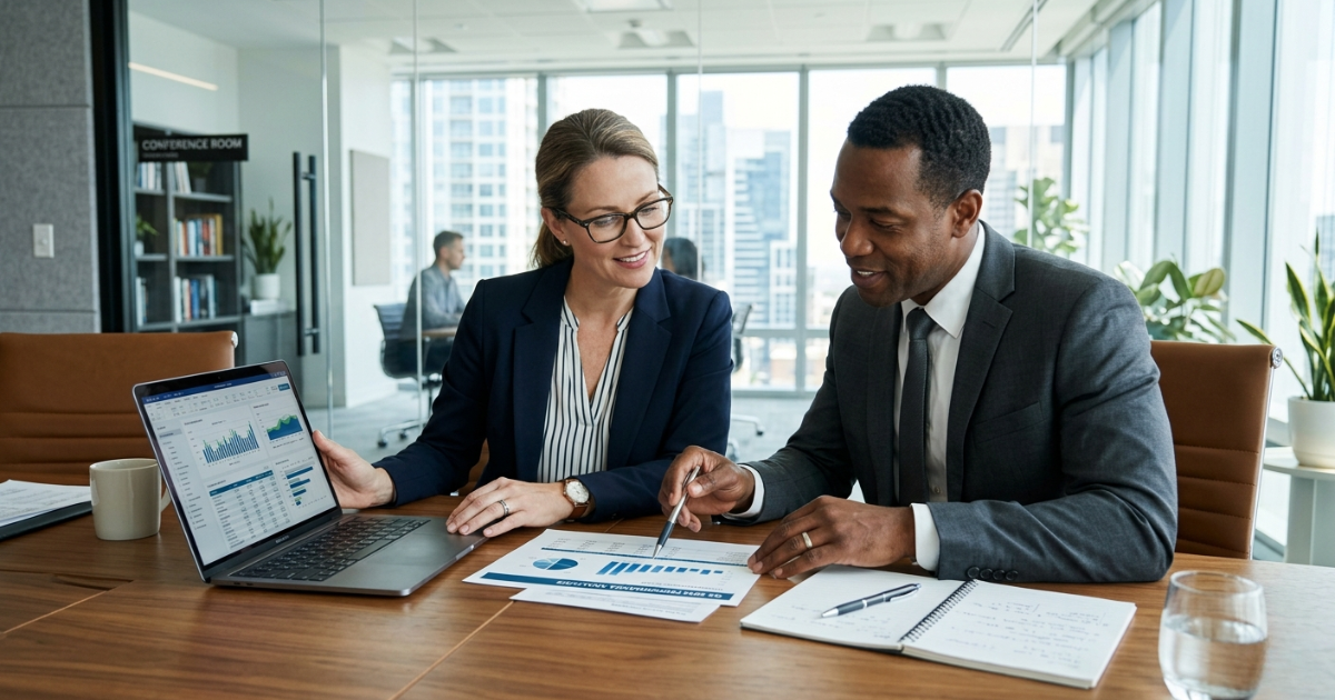 Two colleagues reviewing financial documents side by side at a conference table