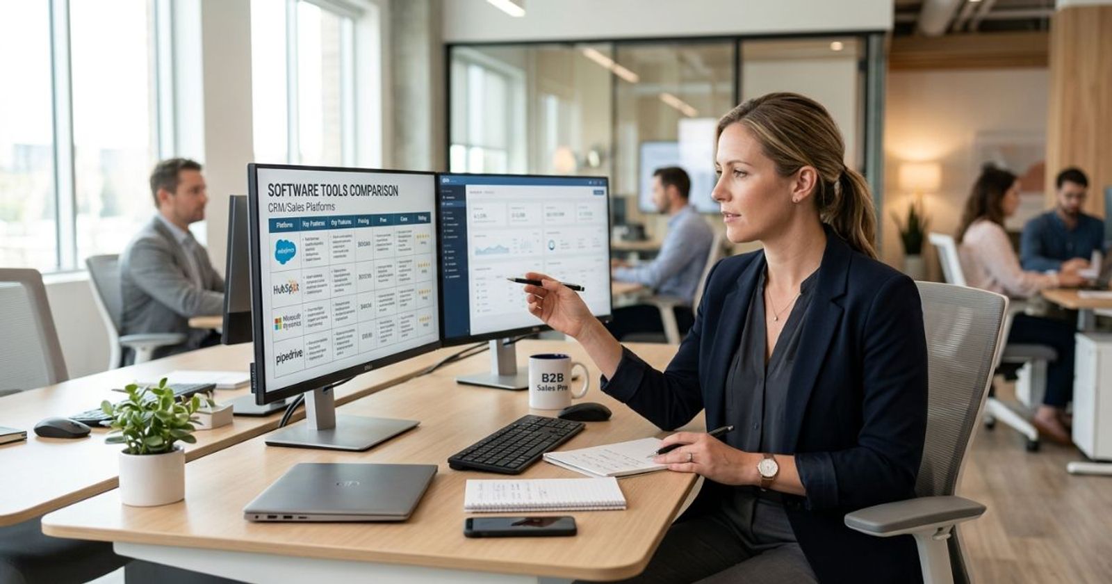 Sales professional reviewing a software comparison chart on dual monitors in a bright office