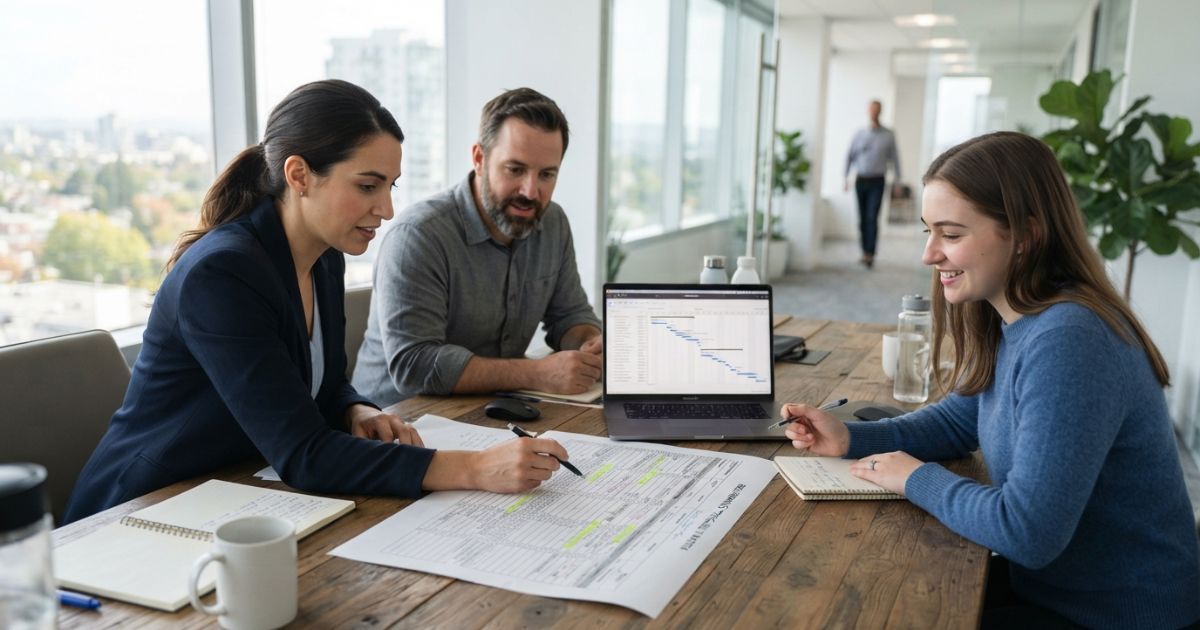 Proposal team reviewing a requirements matrix around a conference table