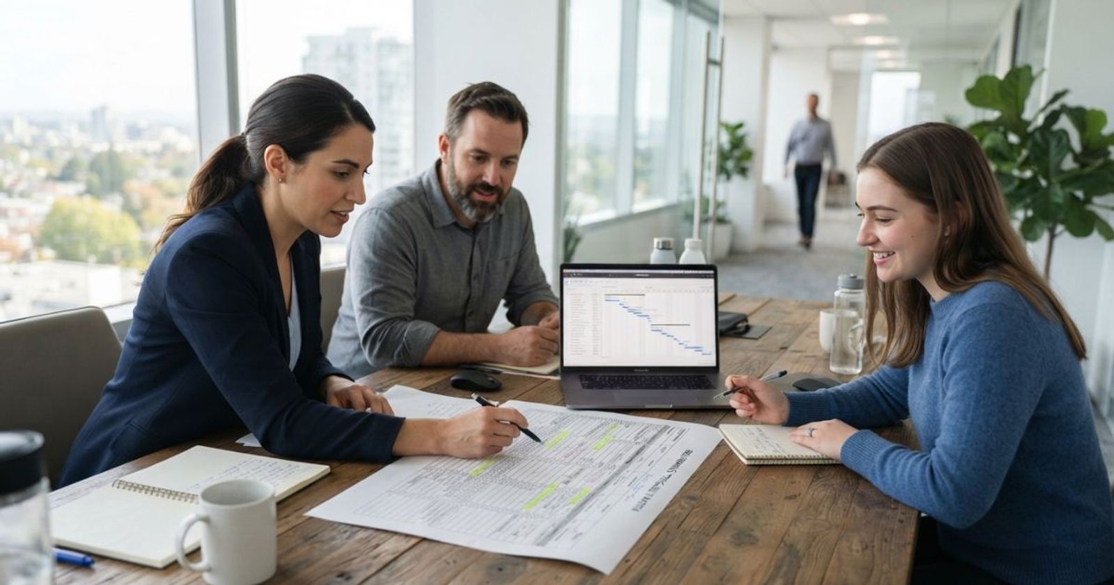 Proposal team reviewing a requirements matrix around a conference table
