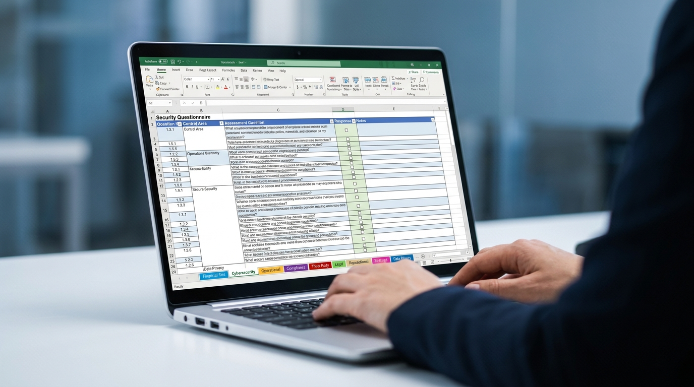 Multi-tab Excel workbook with SIG risk domain tabs open on a laptop screen