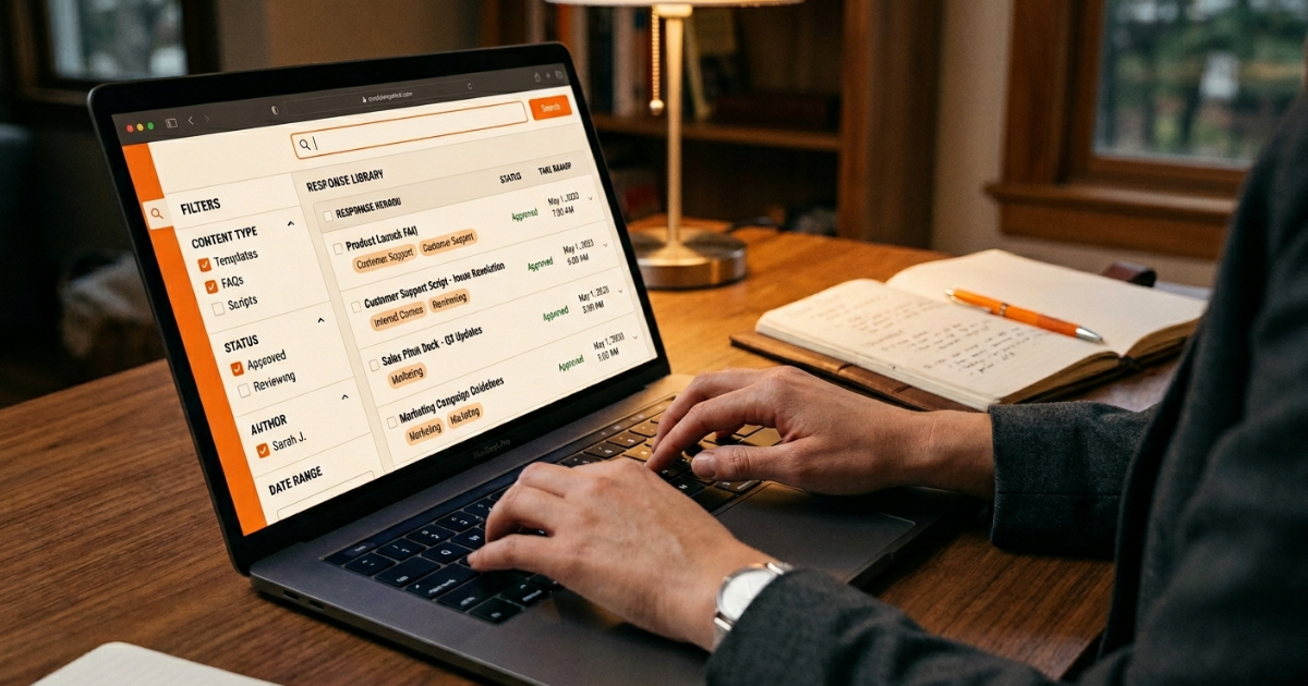 Person typing on a laptop displaying a searchable content library with categorized RFP response records