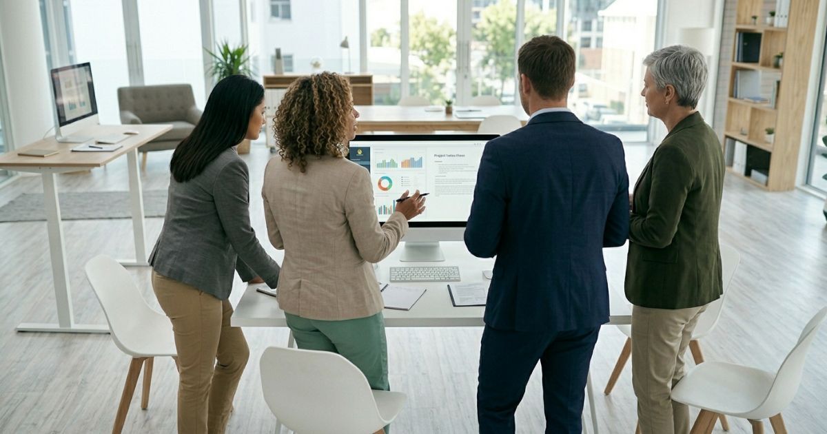 Three colleagues collaborating on a proposal document together at a shared monitor in a modern office