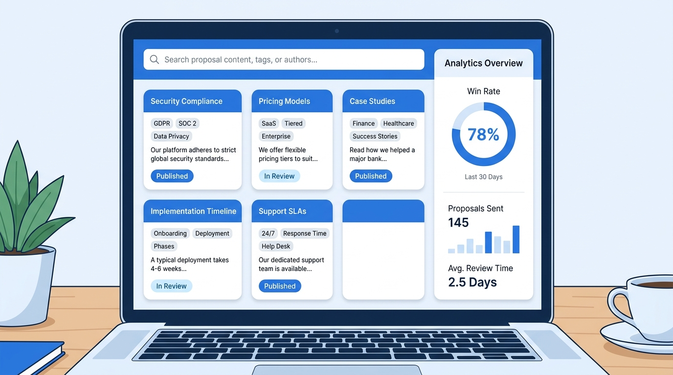 Searchable proposal content library with tagged answers, review status, and analytics