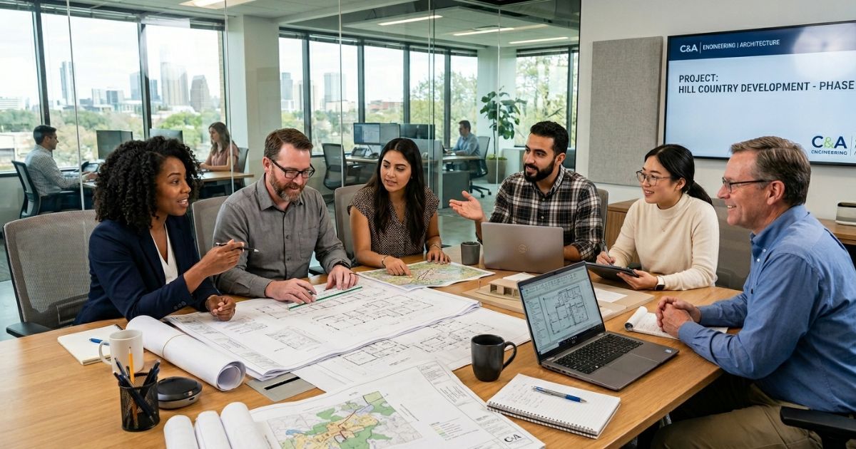 Civil engineering team reviewing blueprints and proposal documents around a conference table