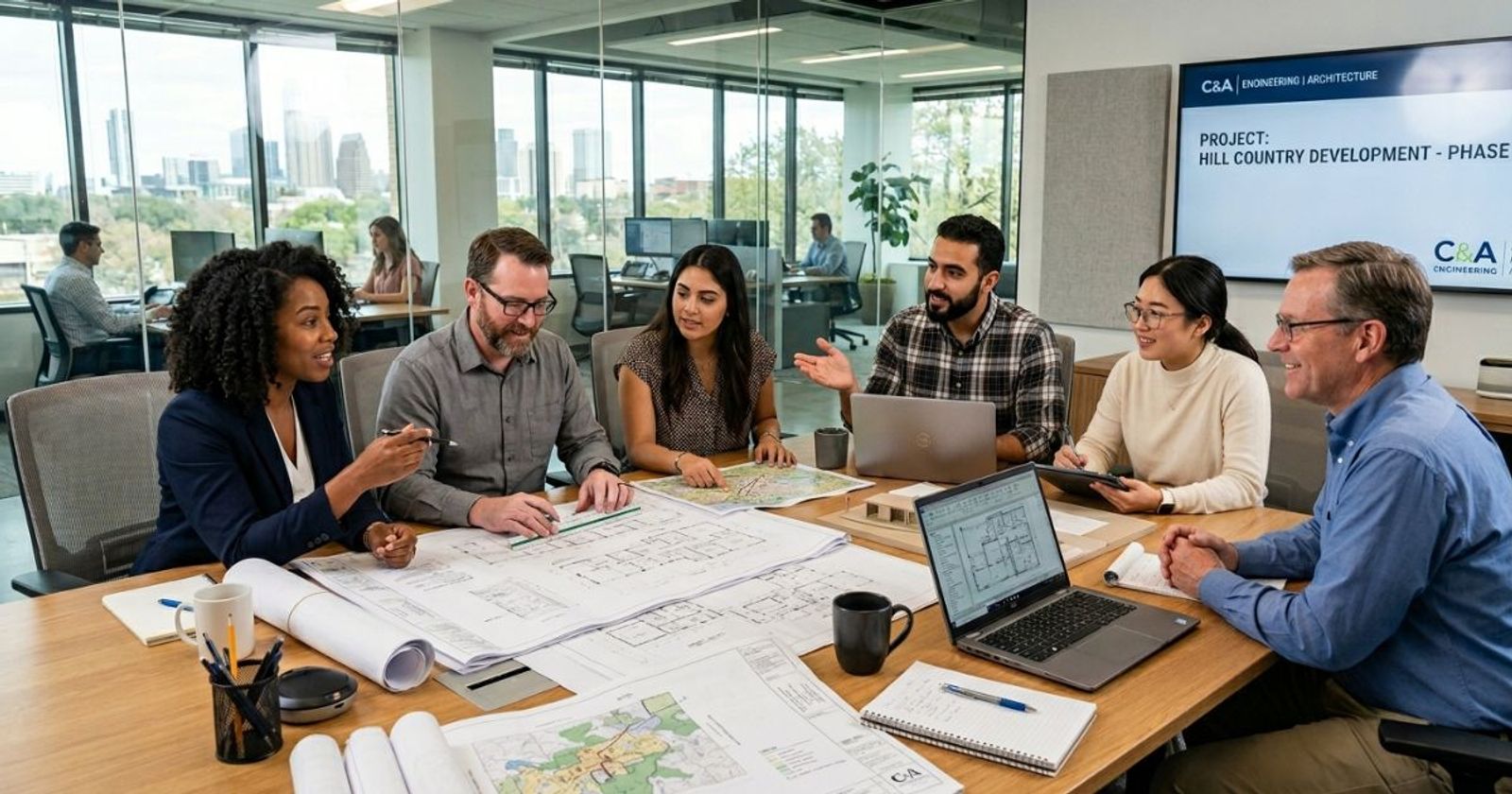 Civil engineering team reviewing blueprints and proposal documents around a conference table