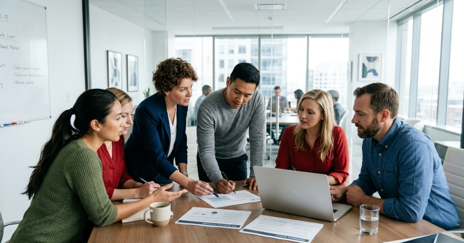 Team reviewing printed proposal pages and a laptop in a conference room