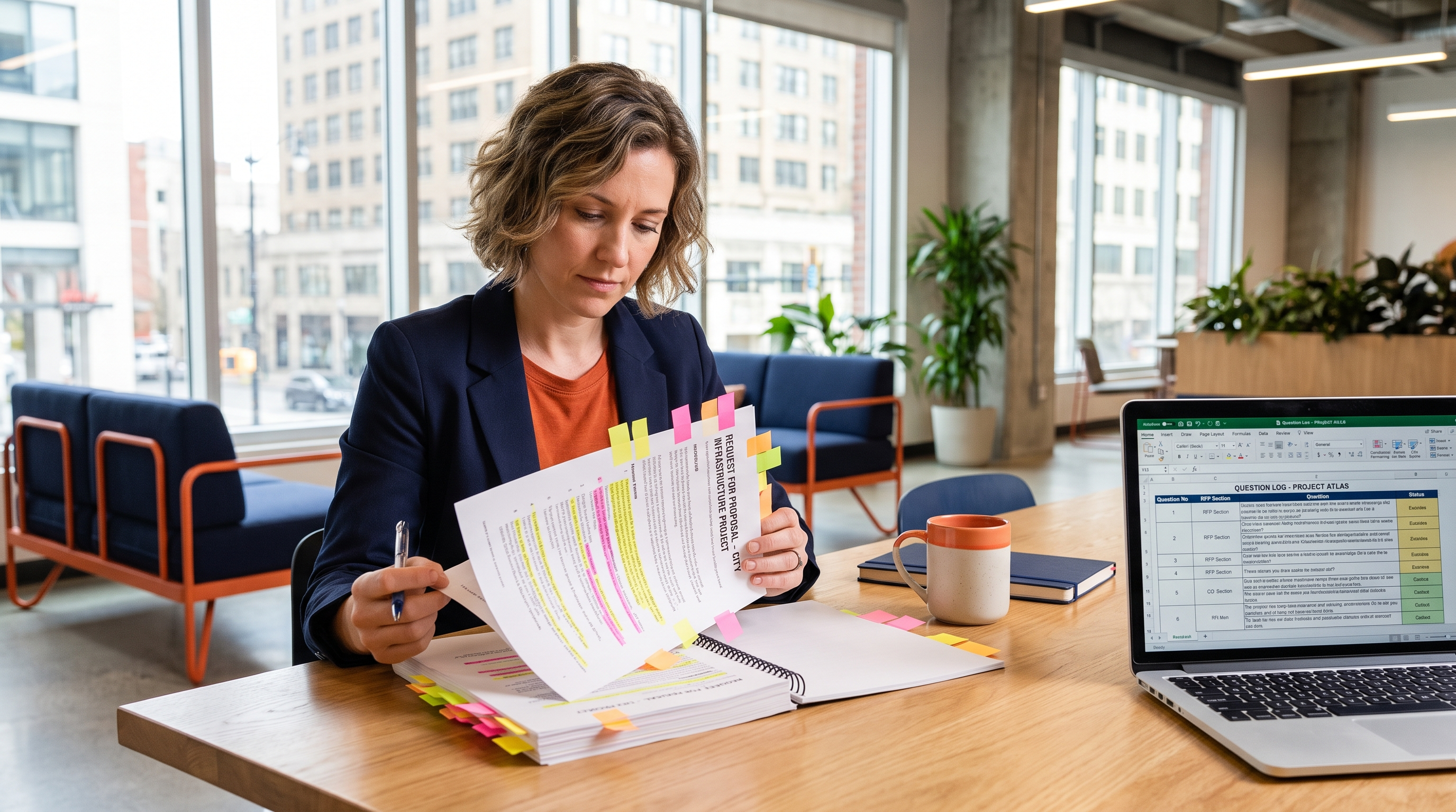 Proposal manager reviewing a printed RFP with highlighted sections beside a laptop showing a question log
