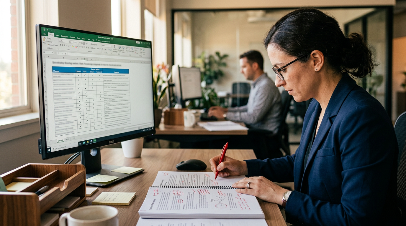 Reviewer scoring a proposal draft against evaluation criteria on a computer screen