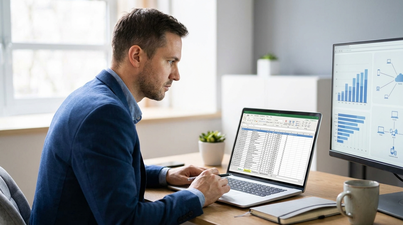 Security analyst reviewing a multi-tab vendor security questionnaire on a laptop in an office