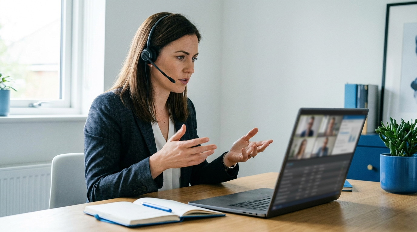 Professional on a video call negotiating a software quote while wearing a headset
