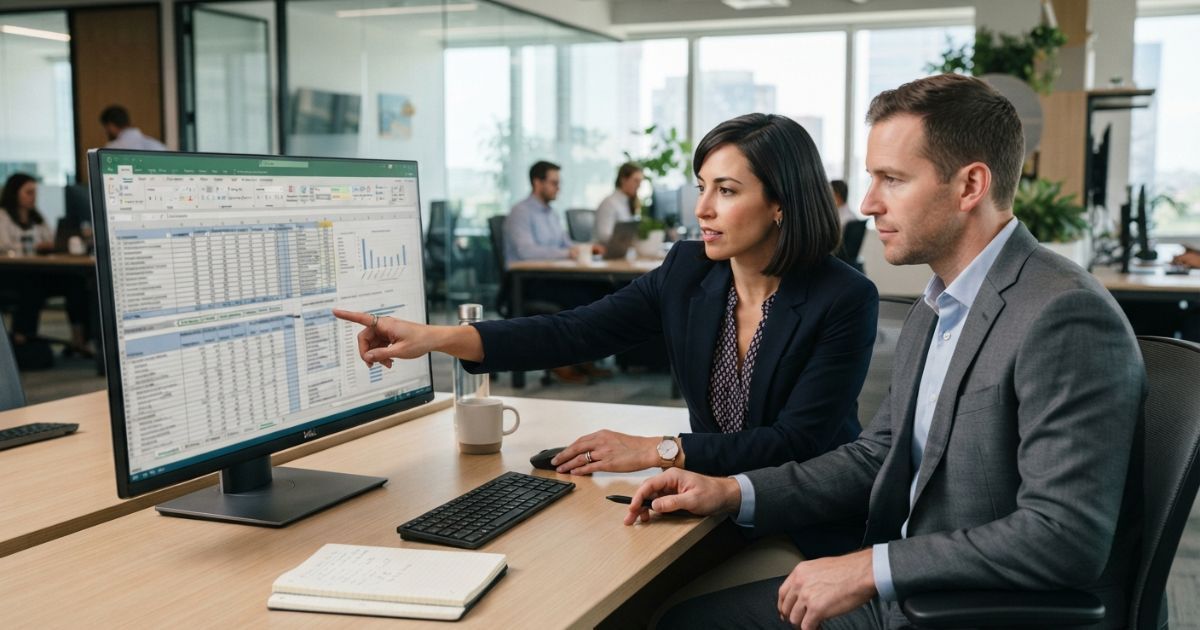 Two colleagues reviewing a multi-tab questionnaire on a shared monitor
