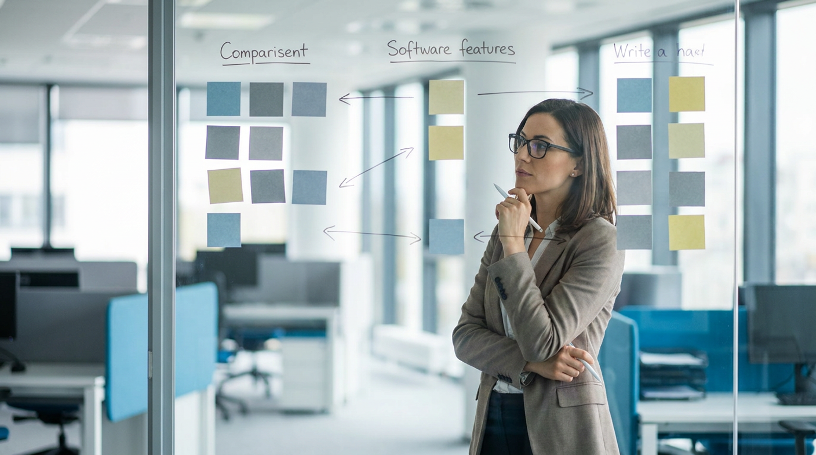 Evaluator at a glass whiteboard weighing software options with sticky notes