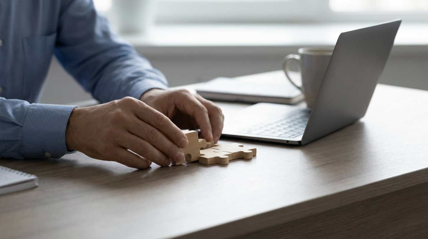 Hands fitting two puzzle pieces together on a desk beside a laptop