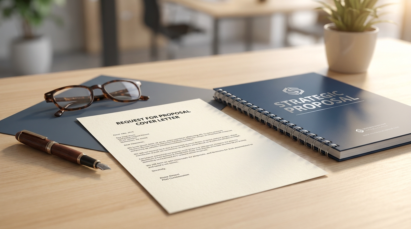 Printed RFP cover letter on a desk next to a bound proposal and a fountain pen