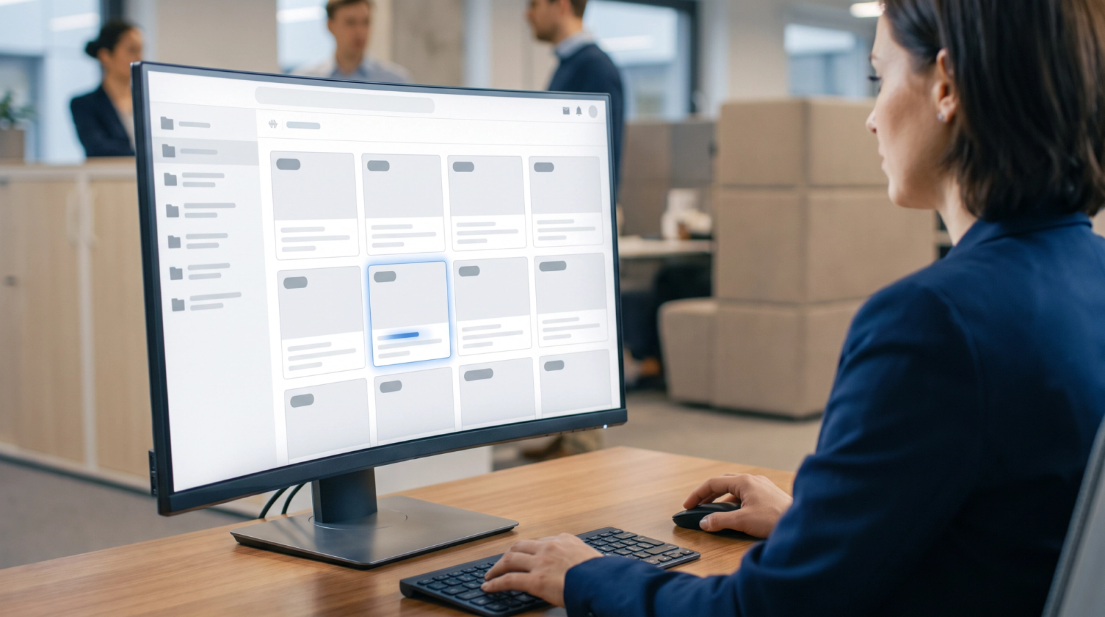 Proposal writer selecting approved content blocks from a searchable library on a monitor