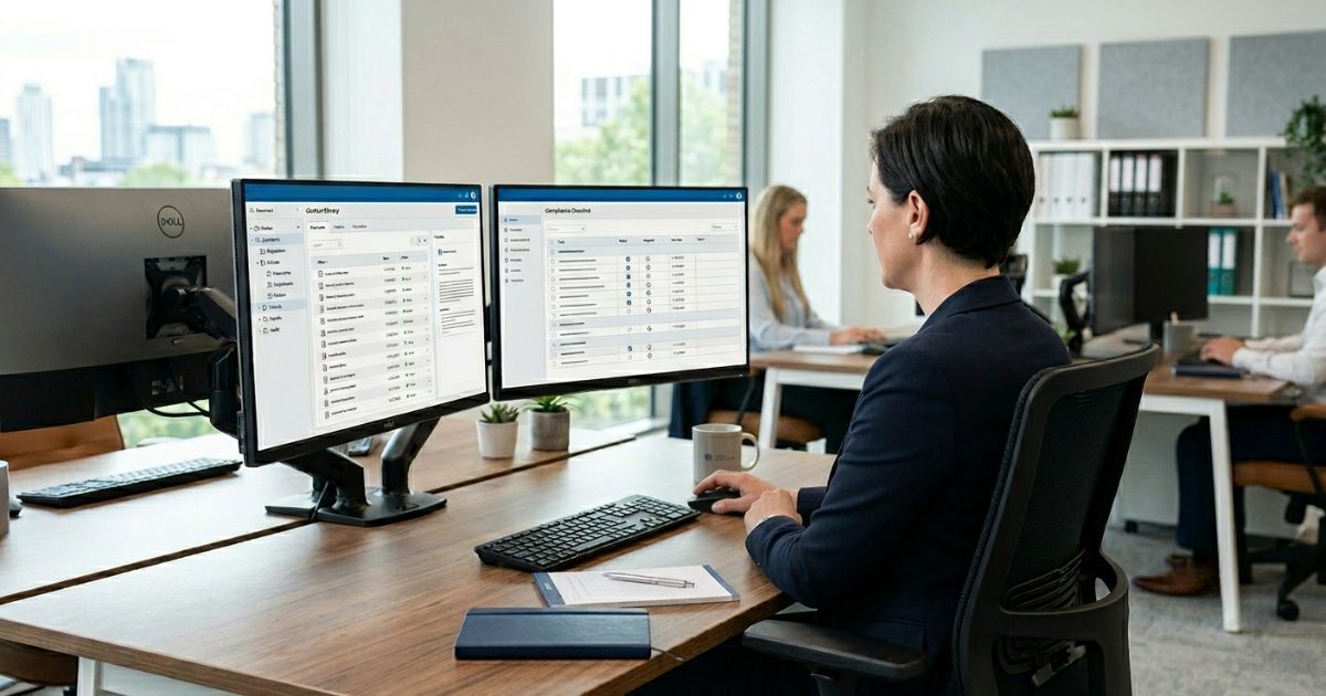 Compliance officer reviewing a structured digital content library on dual monitors in a professional office