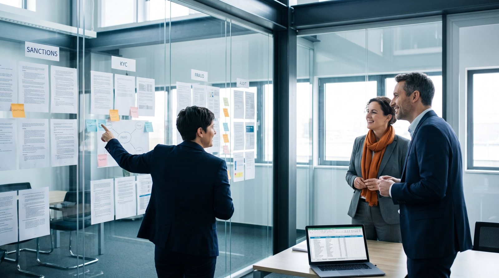 Three banking compliance colleagues grouping printed questionnaire sections on a glass wall in a bright office