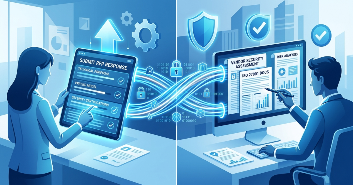 Illustrated split screen of a vendor submitting an RFP response on a tablet while a buyer reviews vendor security assessment documents on a desktop monitor