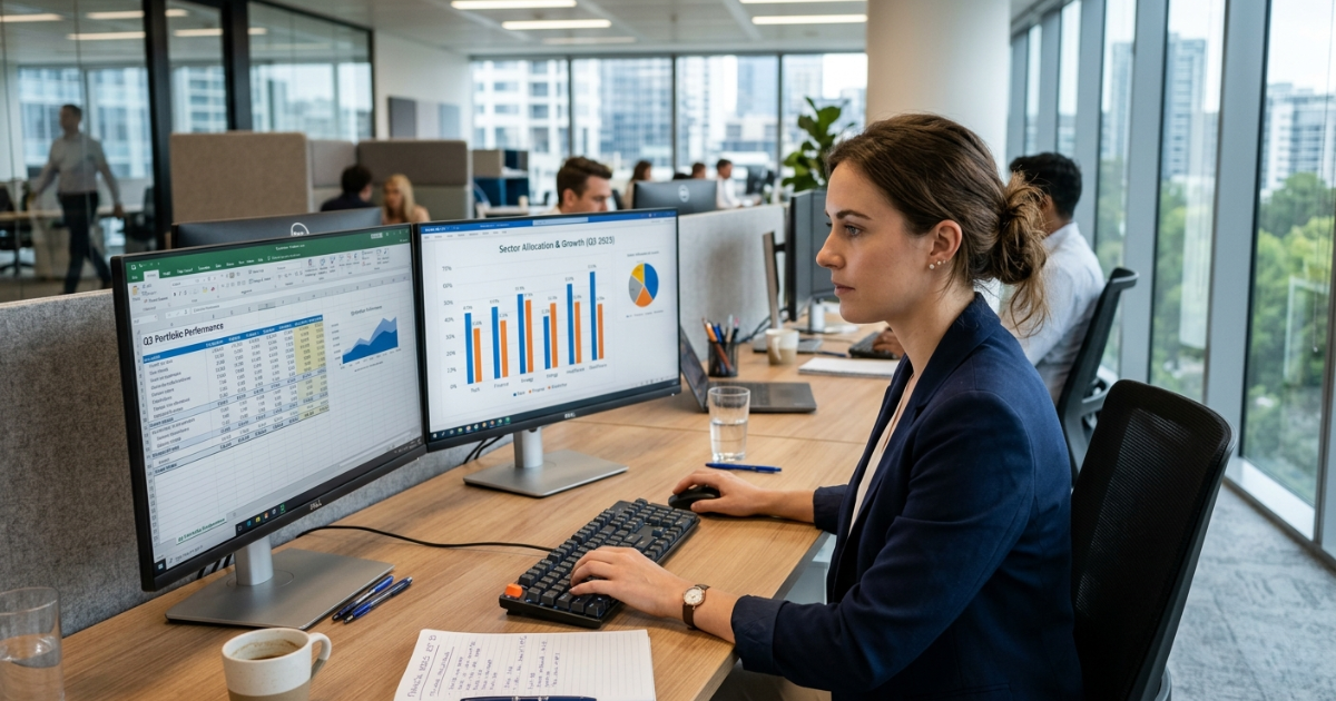 Analyst comparing data across multiple monitor screens showing charts and spreadsheets
