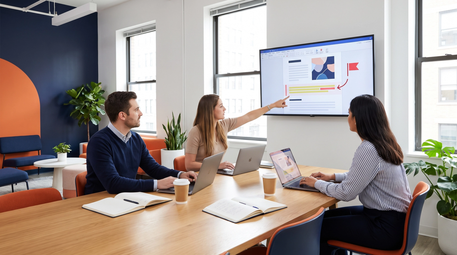 Colleagues reviewing an AI drafted questionnaire response on a wall monitor