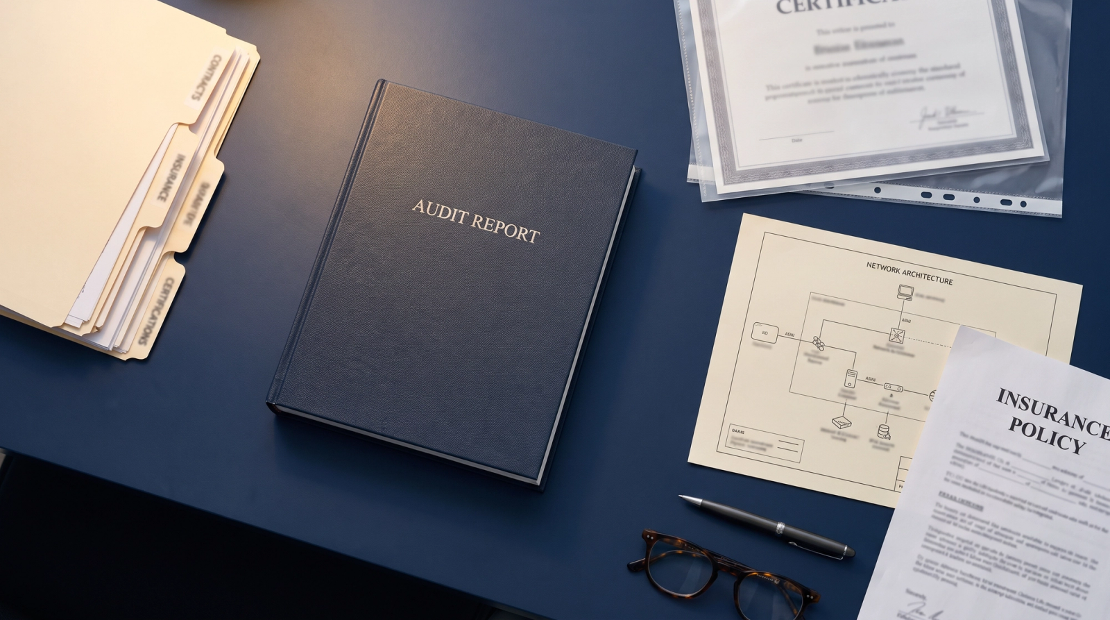 Organized vendor evidence pack with labeled folders, an audit report, a certificate, and insurance documents