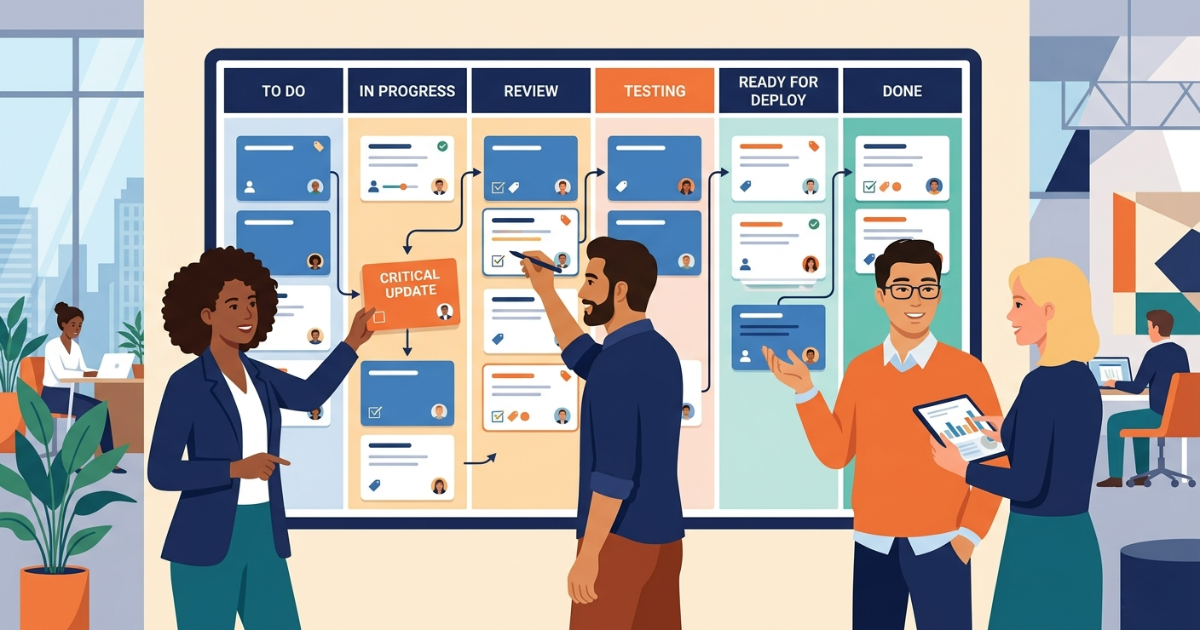 Team members collaborating around a shared proposal workflow board