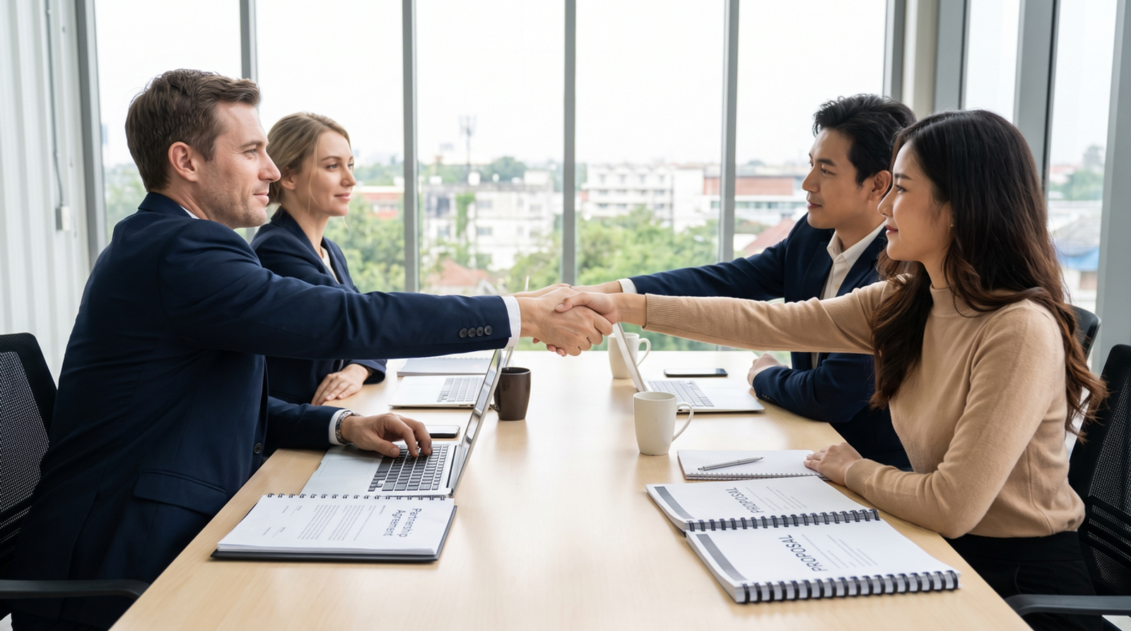 Two business teams shaking hands over a printed partnership contract at a conference table