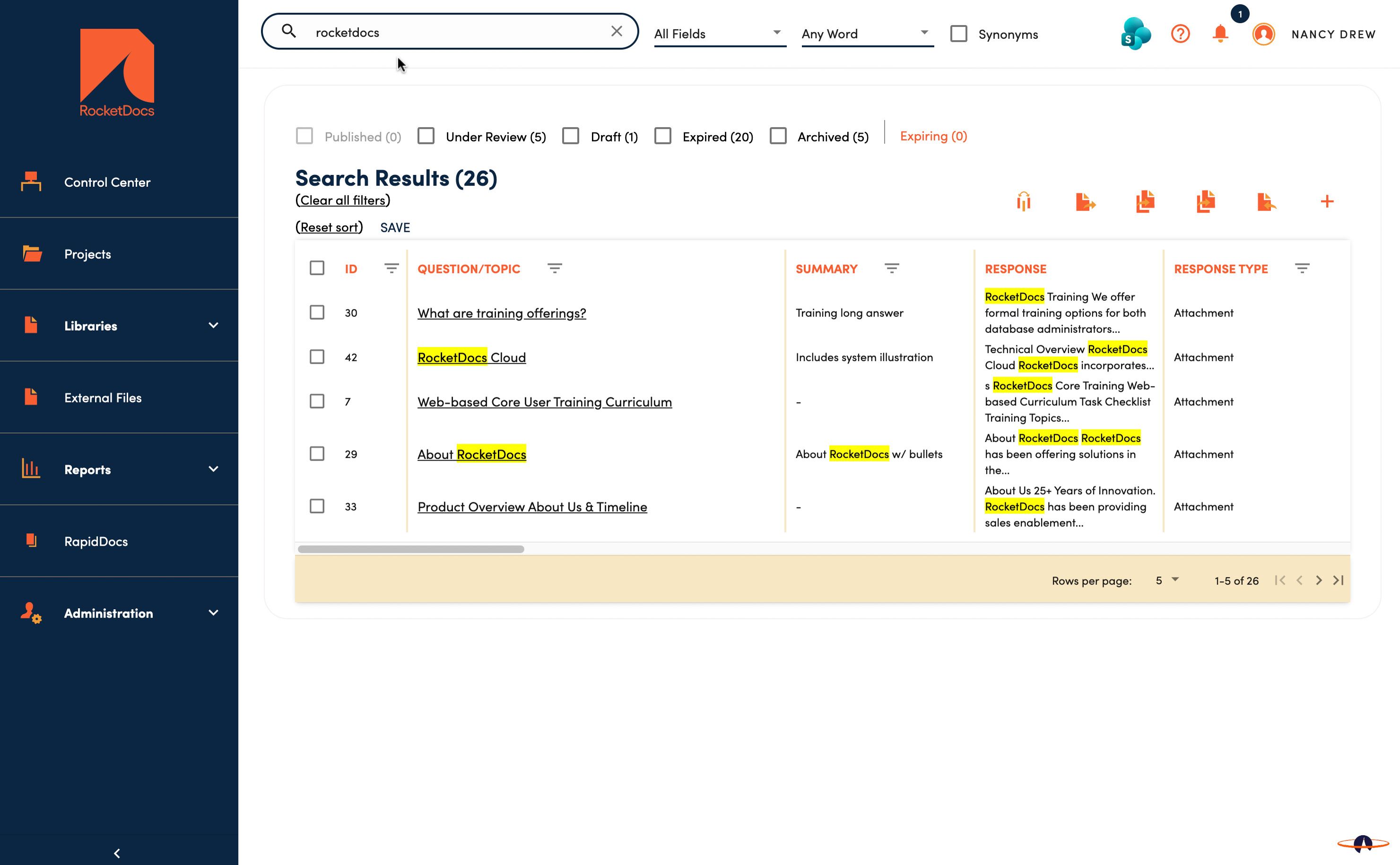 Organized digital content library, being searched and filtered
