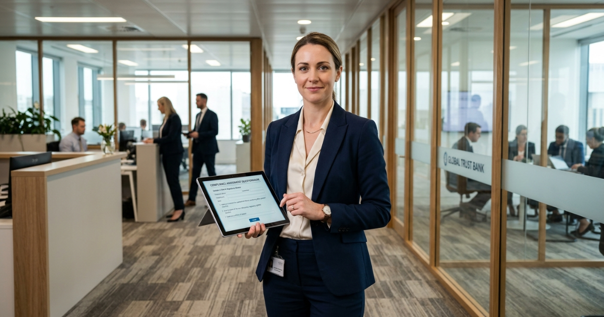 Compliance officer reviewing a questionnaire on a tablet in a bank office