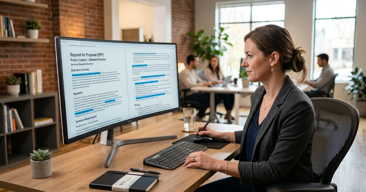 Proposal manager reviewing an RFP document on a large desktop monitor in a modern office