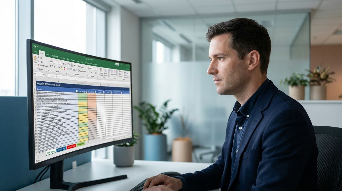 Security analyst reviewing a multi-tab SIG questionnaire spreadsheet on a widescreen monitor