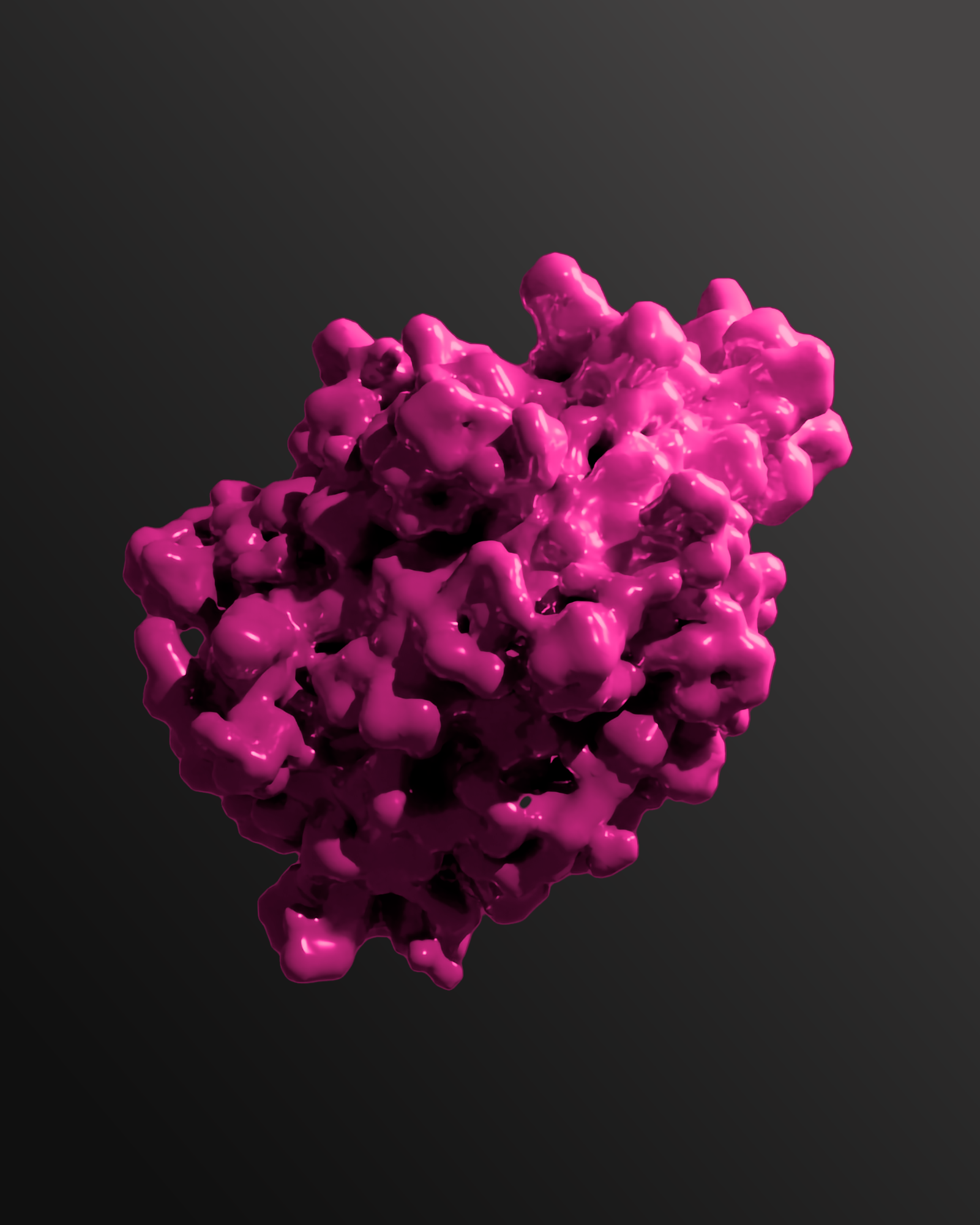 image of a 3d render of a protein. The background is dark grey and the protein is coloured pink.